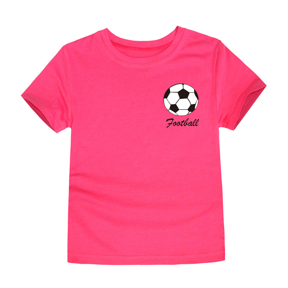 Bright pink kids' cotton T-shirt with soccer ball design and 'Football' text, perfect for sporty activities and everyday play.