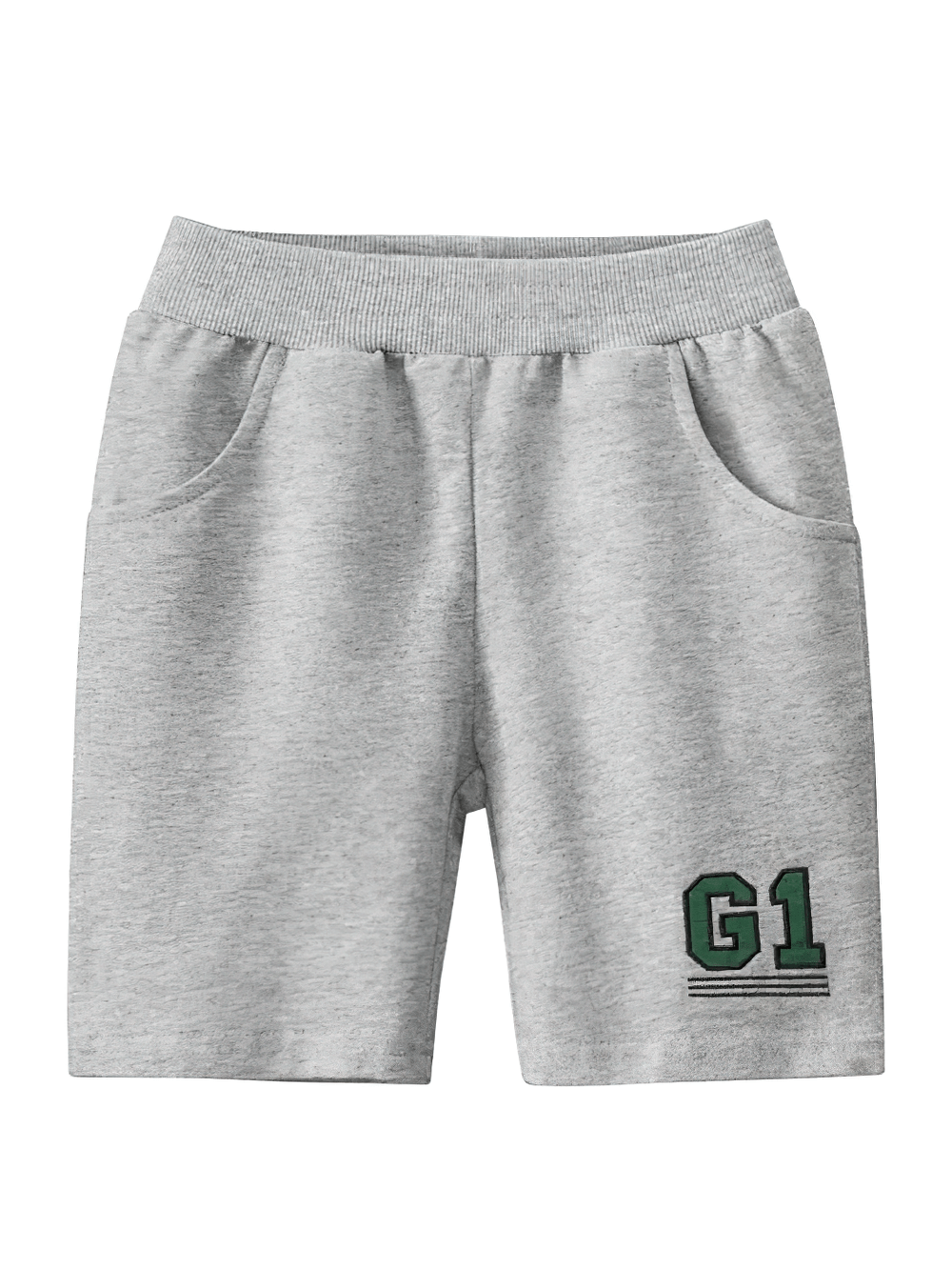Kids G1 Graphic Knit Shorts with Elastic Waistband - SF3785, gray shorts with G1 print and side pockets for boys' active play.