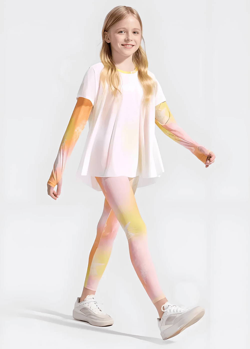 Kids Gradient Stretch Leggings for Sports and Yoga - SF3736 modeled by a child in colorful leggings and a casual top, perfect for active play.