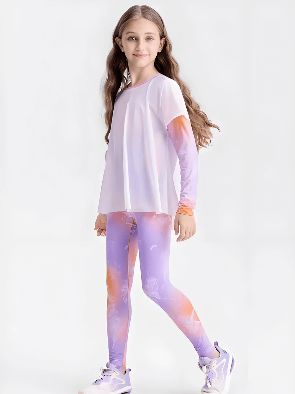 Girl wearing Kids Gradient Stretch Leggings for Sports and Yoga - SF3736 in vibrant gradient print, ideal for yoga, sports, and outdoor play.