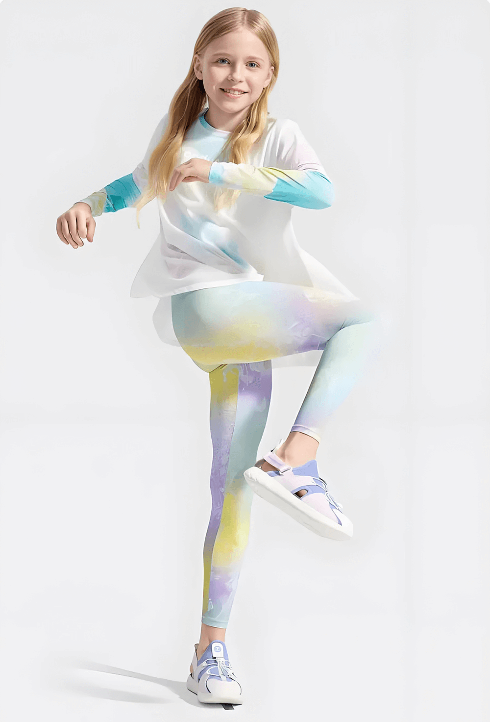 Girl wearing Kids Gradient Stretch Leggings for Sports and Yoga - SF3736, showing vibrant gradient print ideal for sports and dance.