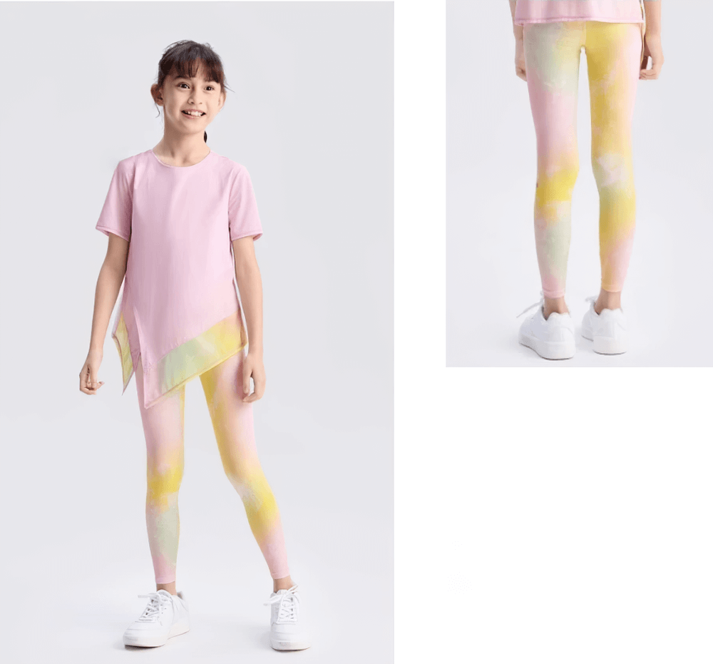 Girl wearing Kids Gradient Stretch Leggings for Sports and Yoga - SF3736, vibrant gradient print, ideal for quick-dry active play.