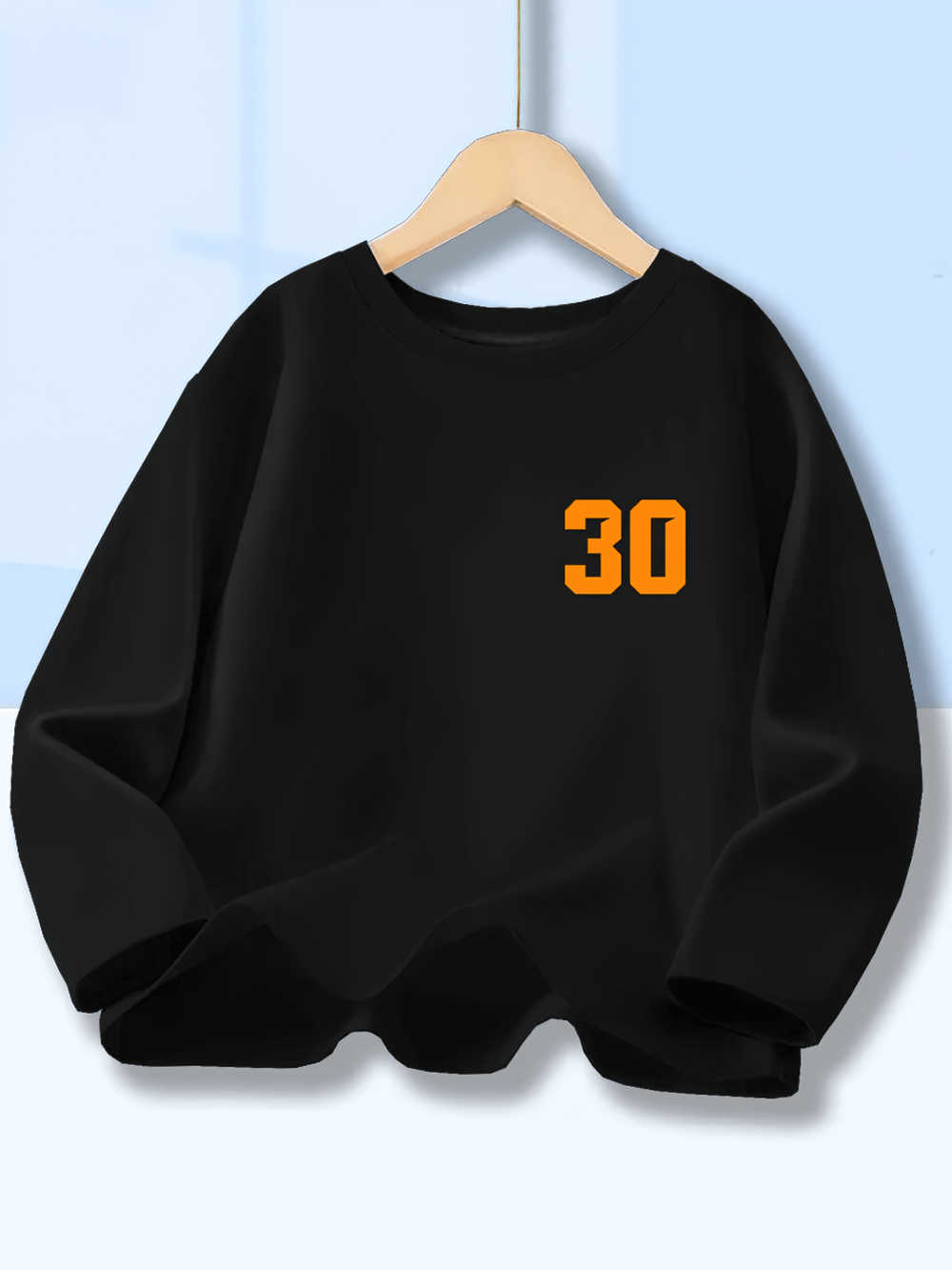 Kids Graphic Long-Sleeve Top with Number Print 30 - SF3894 in black with bold orange "30" print on hanger