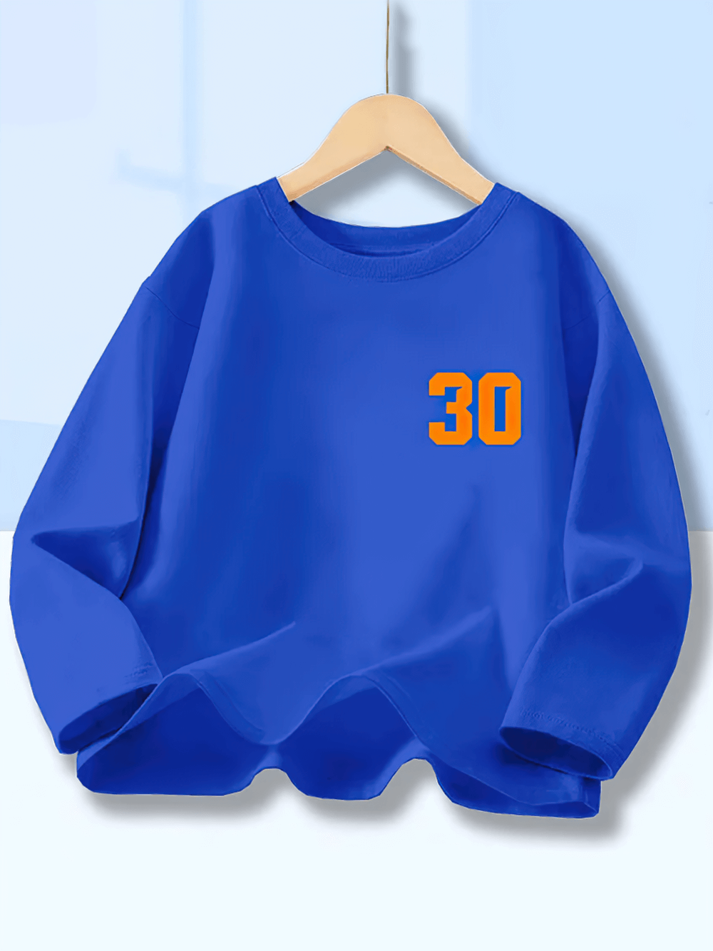 Kids Graphic Long-Sleeve Top with Number Print 30 - SF3894 in blue with bold orange number 30. Perfect for casual and sporty style.