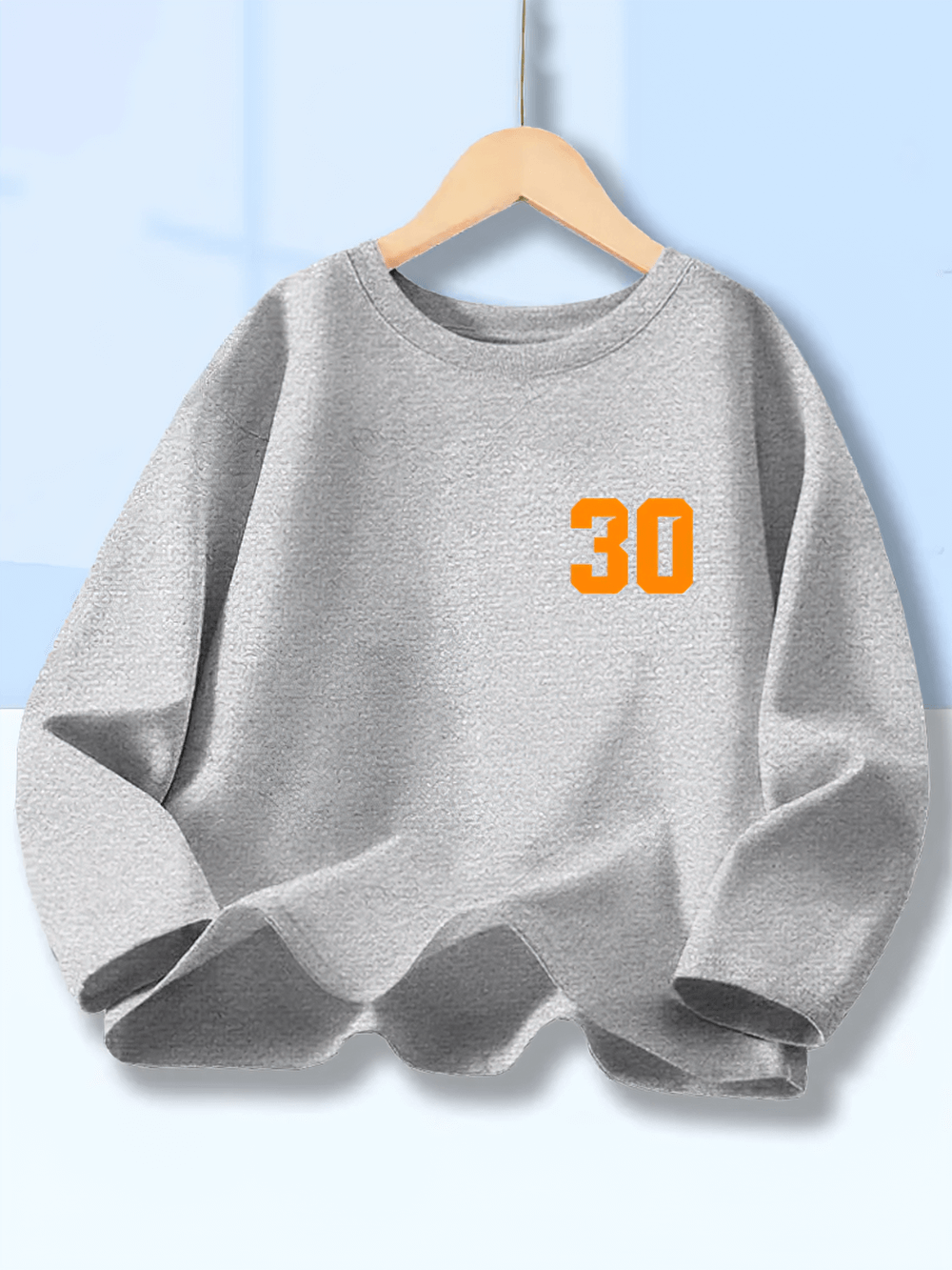 Kids Graphic Long-Sleeve Top with Number Print 30 - SF3894 in gray with orange number displayed on hanger