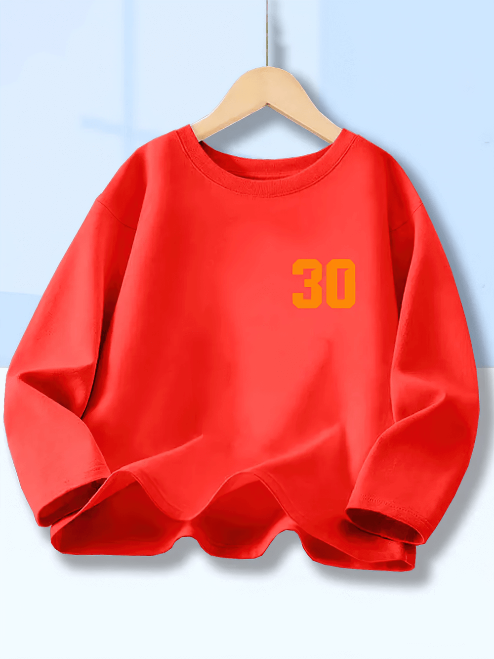 Kids Graphic Long-Sleeve Top with Number Print 30 - SF3894, bright red crewneck tee with sporty number design for casual wear.
