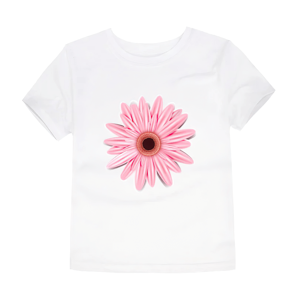 Kids Graphic T-Shirt with Colorful Flower Design - SF3749 featuring a vibrant pink flower on white fabric