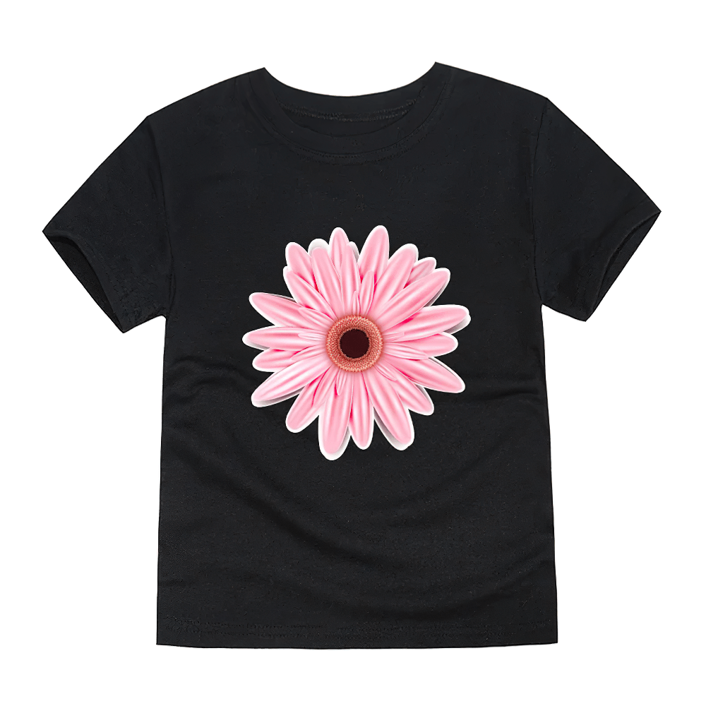 Kids Graphic T-Shirt with Colorful Flower Design - SF3749 in black, featuring a bright pink flower print on the chest for a cheerful look.