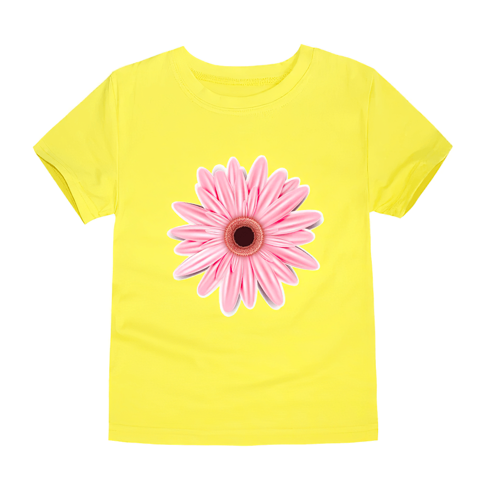 Kids Graphic T-Shirt with Colorful Flower Design - SF3749, yellow tee with pink flower print, bright and fun for kids' outfits