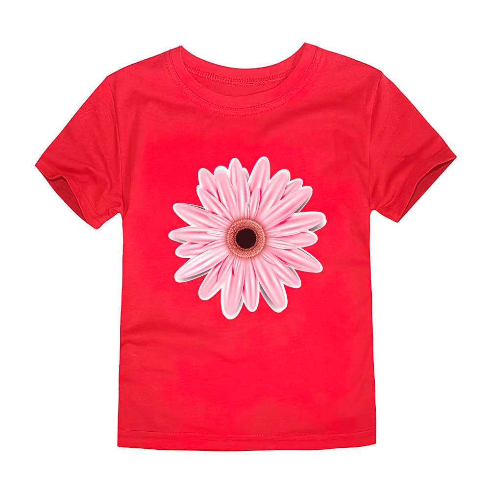 Kids Graphic T-Shirt with Colorful Flower Design - SF3749 in bright red with large pink flower print, perfect for casual wear.