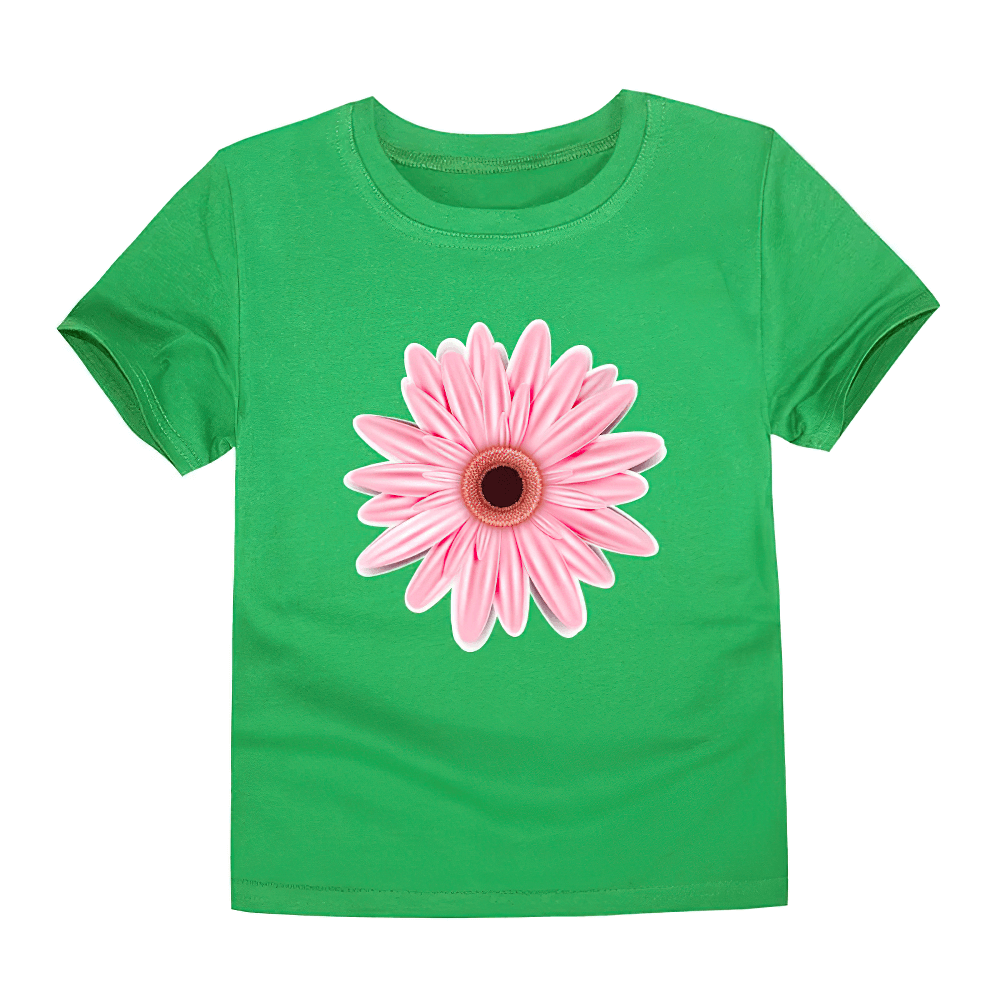 Kids Graphic T-Shirt with Colorful Flower Design - SF3749, featuring a pink flower on a vibrant green cotton tee for a playful look.