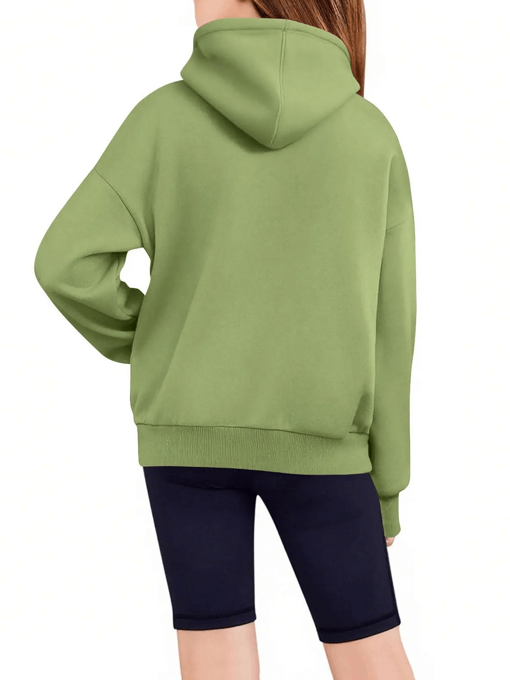 Back view of a child wearing a Kids Half Zip Pullover Hoodie with Front Pocket - SF3885 in green, paired with navy shorts.