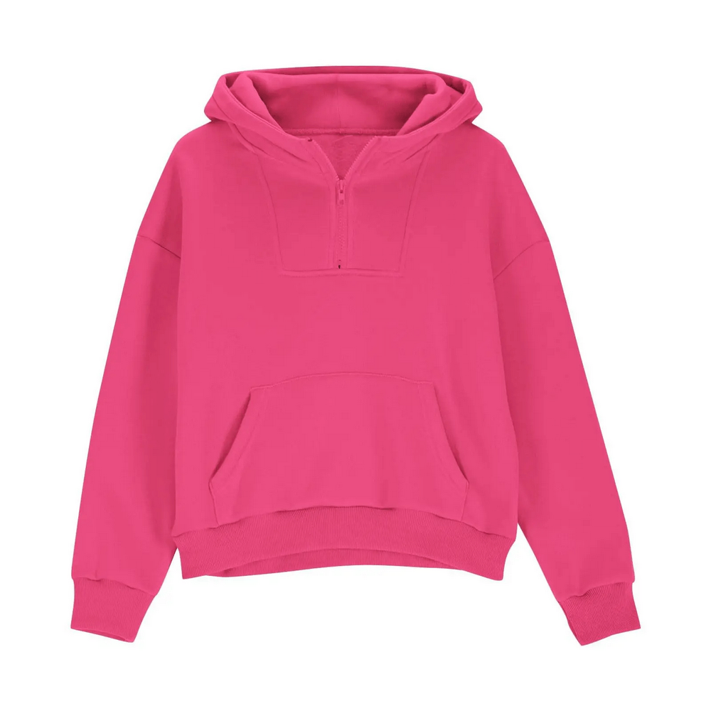 Bright pink Kids Half Zip Pullover Hoodie with Front Pocket - SF3885 featuring a half-zip design, hood, and button pocket for children.