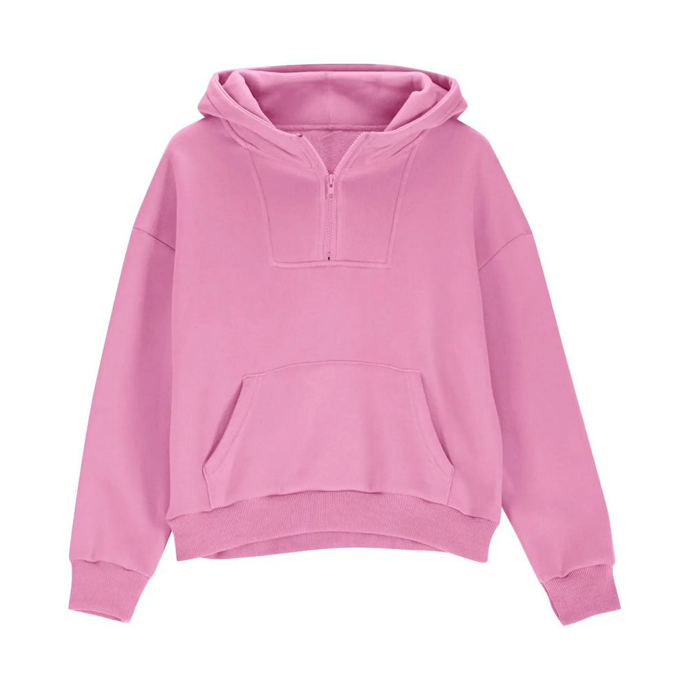 Pink Kids Half Zip Pullover Hoodie with Front Pocket - SF3885, featuring a front button pocket and ribbed cuffs for cozy daily wear.