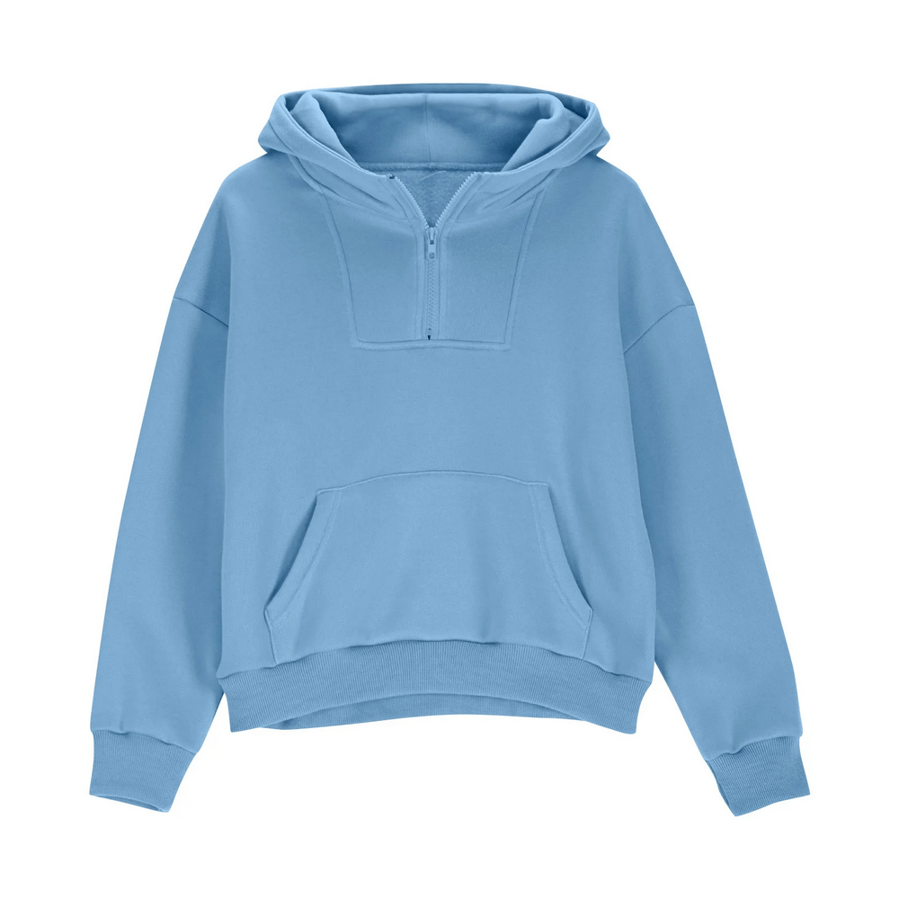 Blue Kids Half Zip Pullover Hoodie with Front Pocket - SF3885, featuring a cozy hood and practical front pocket.