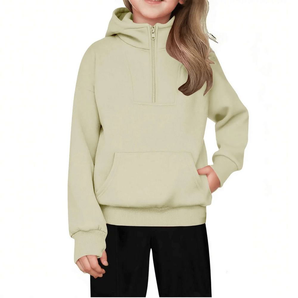 Child wearing Kids Half Zip Pullover Hoodie with Front Pocket - SF3885, beige color, featuring a comfy hood and convenient front pocket.