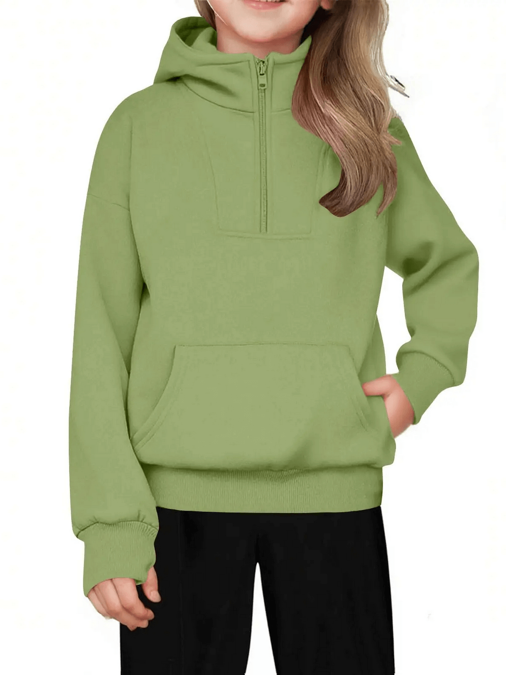 Kids Half Zip Pullover Hoodie with Front Pocket - SF3885 in green, showing long sleeves and front pocket for daily wear and school days.