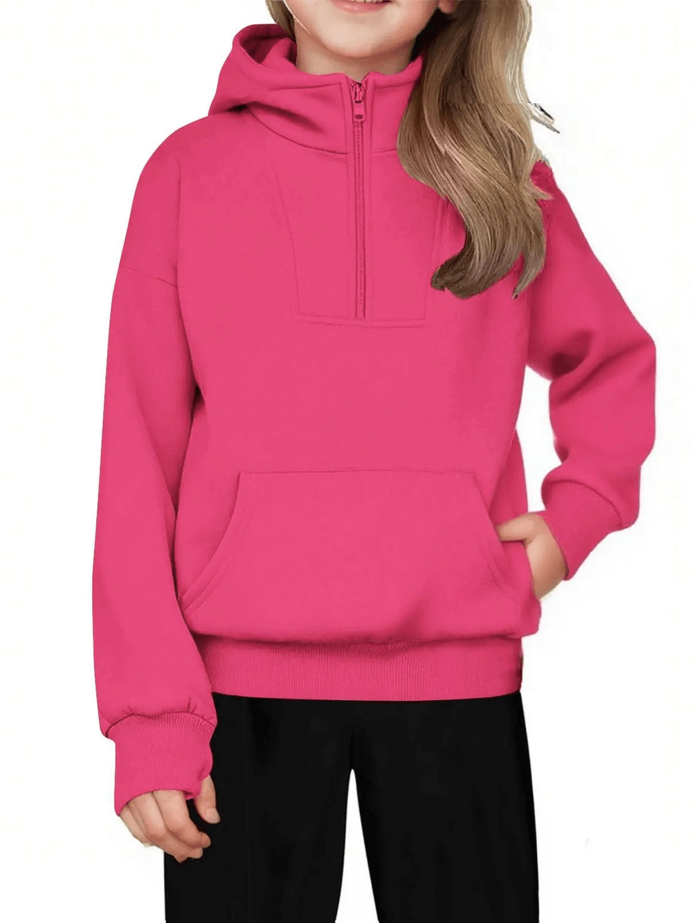 Kids Half Zip Pullover Hoodie with Front Pocket - SF3885 in vibrant pink, perfect for casual wear and school days with functional pocket