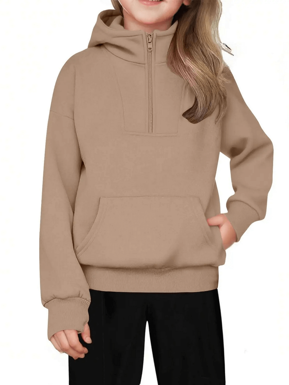 Kid wearing Kids Half Zip Pullover Hoodie with Front Pocket - SF3885, beige color, showcasing hood and pocket for school or play.