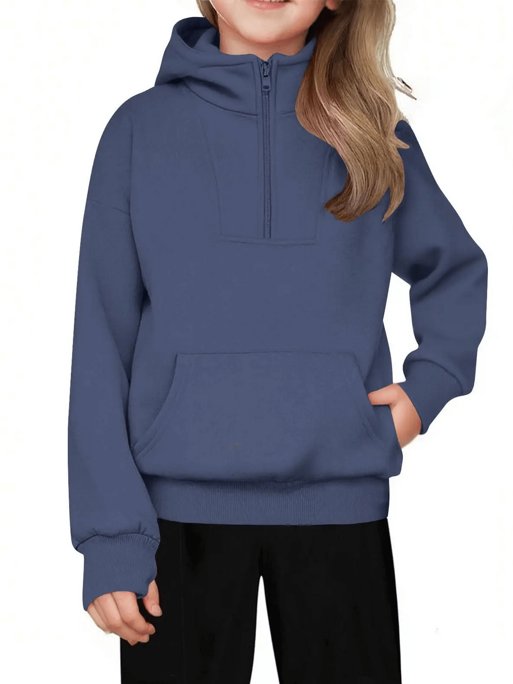 Child wearing Kids Half Zip Pullover Hoodie with Front Pocket - SF3885, featuring a hood and front pocket. Ideal for school and play.