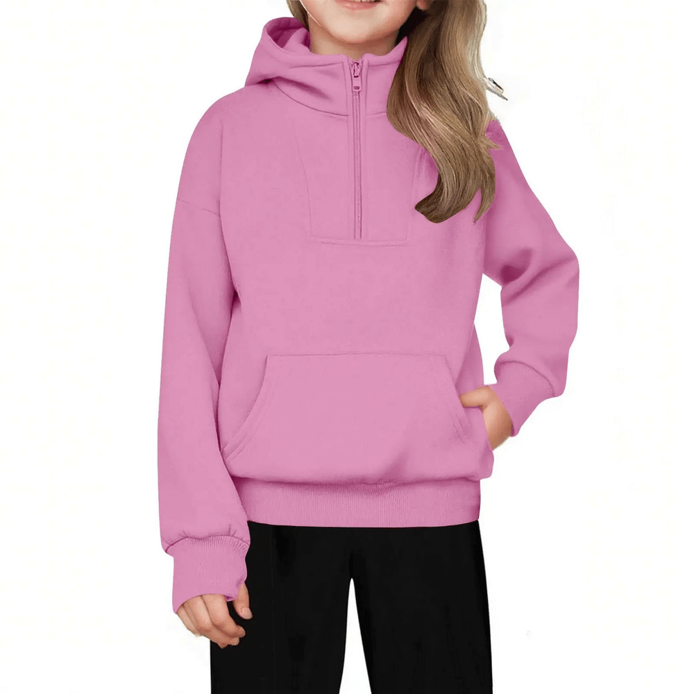 Kids Half Zip Pullover Hoodie with Front Pocket - SF3885 in pink, perfect for school days and playtime.