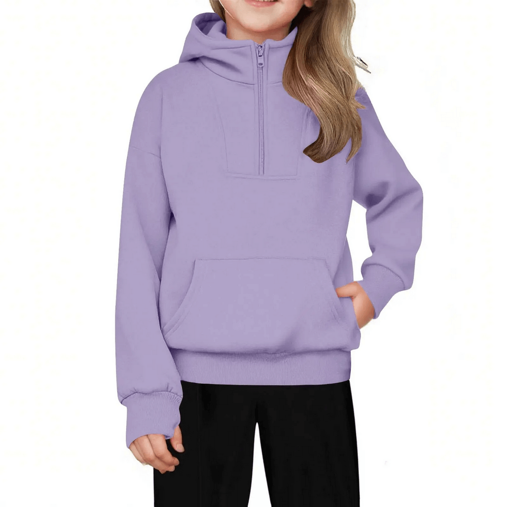 Child wearing Kids Half Zip Pullover Hoodie with Front Pocket - SF3885 in lavender, featuring a half-zip and button pocket for a chic, cozy look.