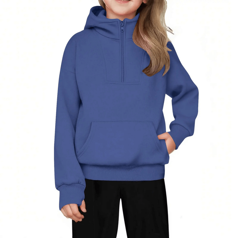 Blue Kids Half Zip Pullover Hoodie with Front Pocket - SF3885 modeled by a child, perfect for playtime and school days.