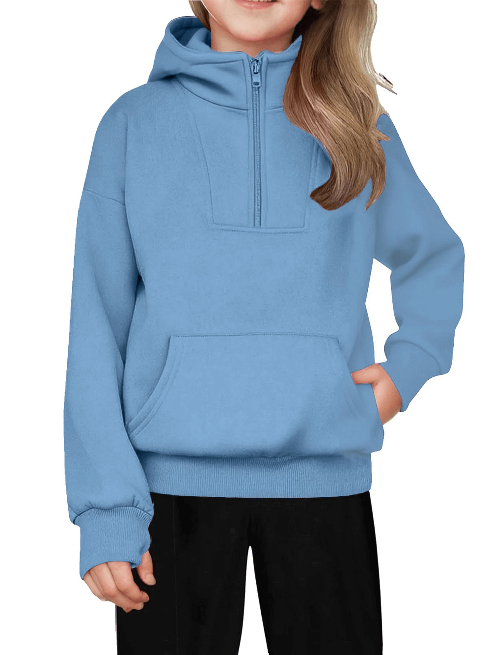 Kids Half Zip Pullover Hoodie with Front Pocket - SF3885 in blue, perfect for daily wear with a convenient front pocket for small items.