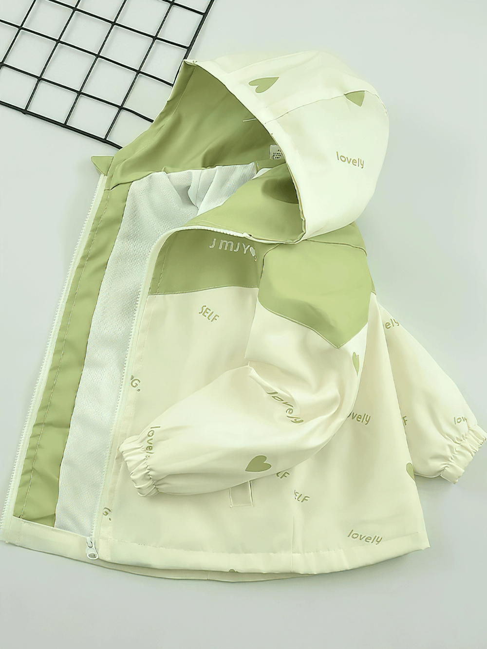 Kid's Heart Print Hooded Windbreaker Jacket - SF3680 in cream with green accents, cute heart design, and breathable lining.