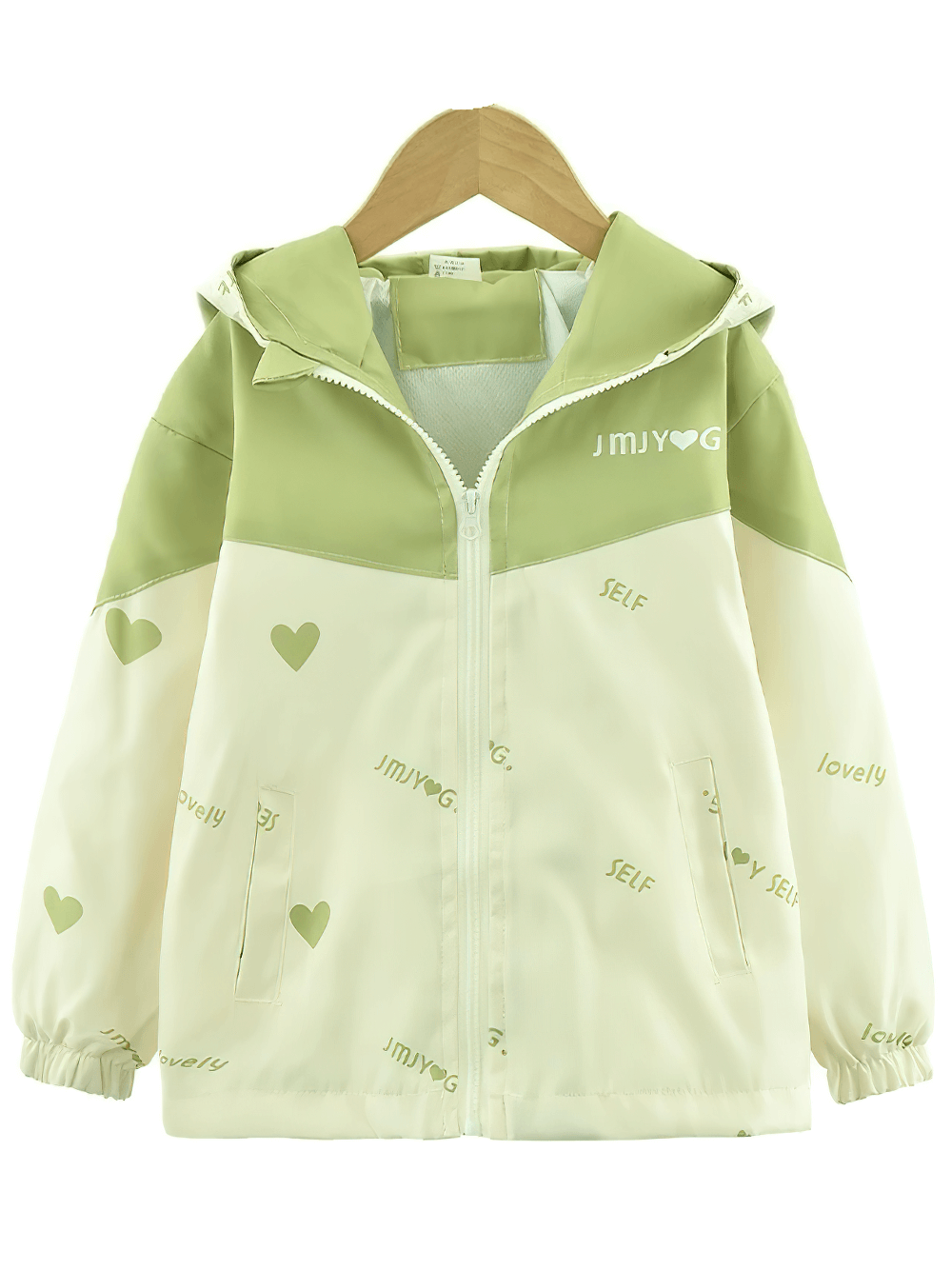 Kid's Heart Print Hooded Windbreaker Jacket - SF3680 in green and cream with heart patterns, front view on wooden hanger.