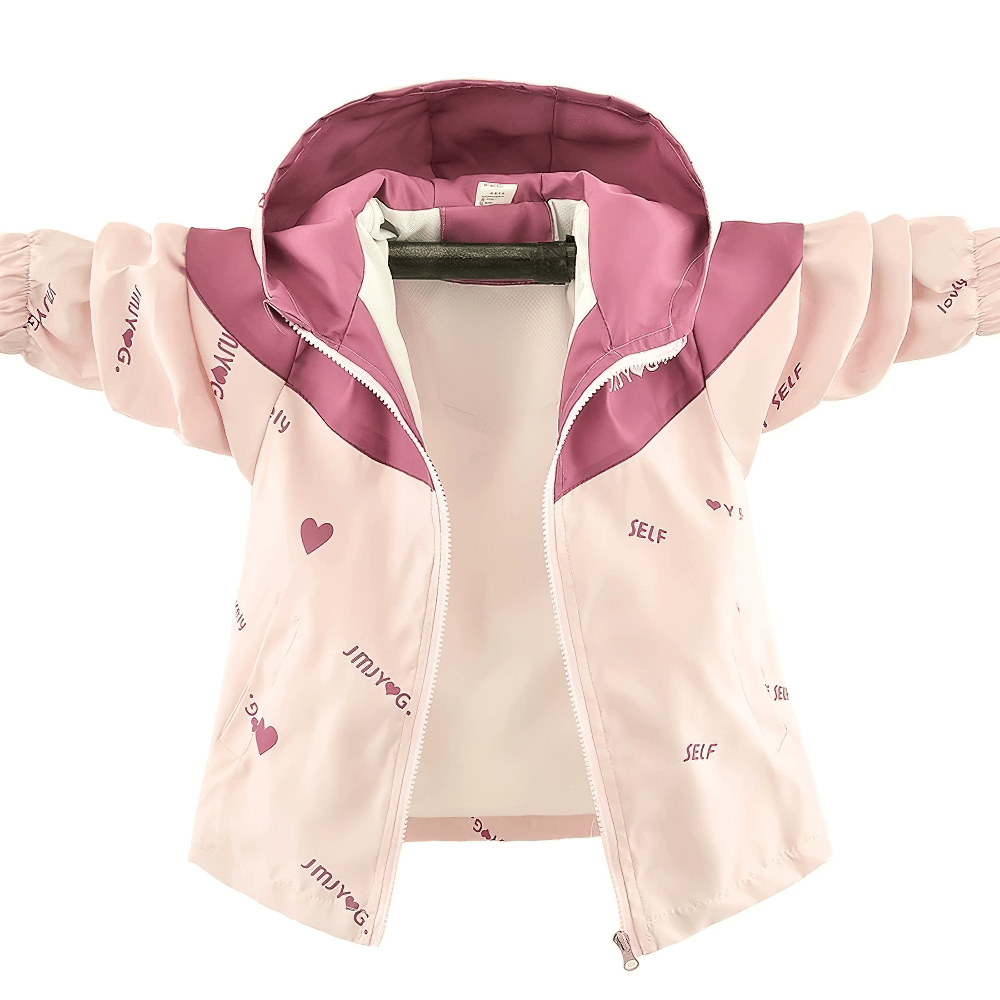 Kid's Heart Print Hooded Windbreaker Jacket - SF3680 with cute heart prints, lightweight design, and dual-color panels for girls.
