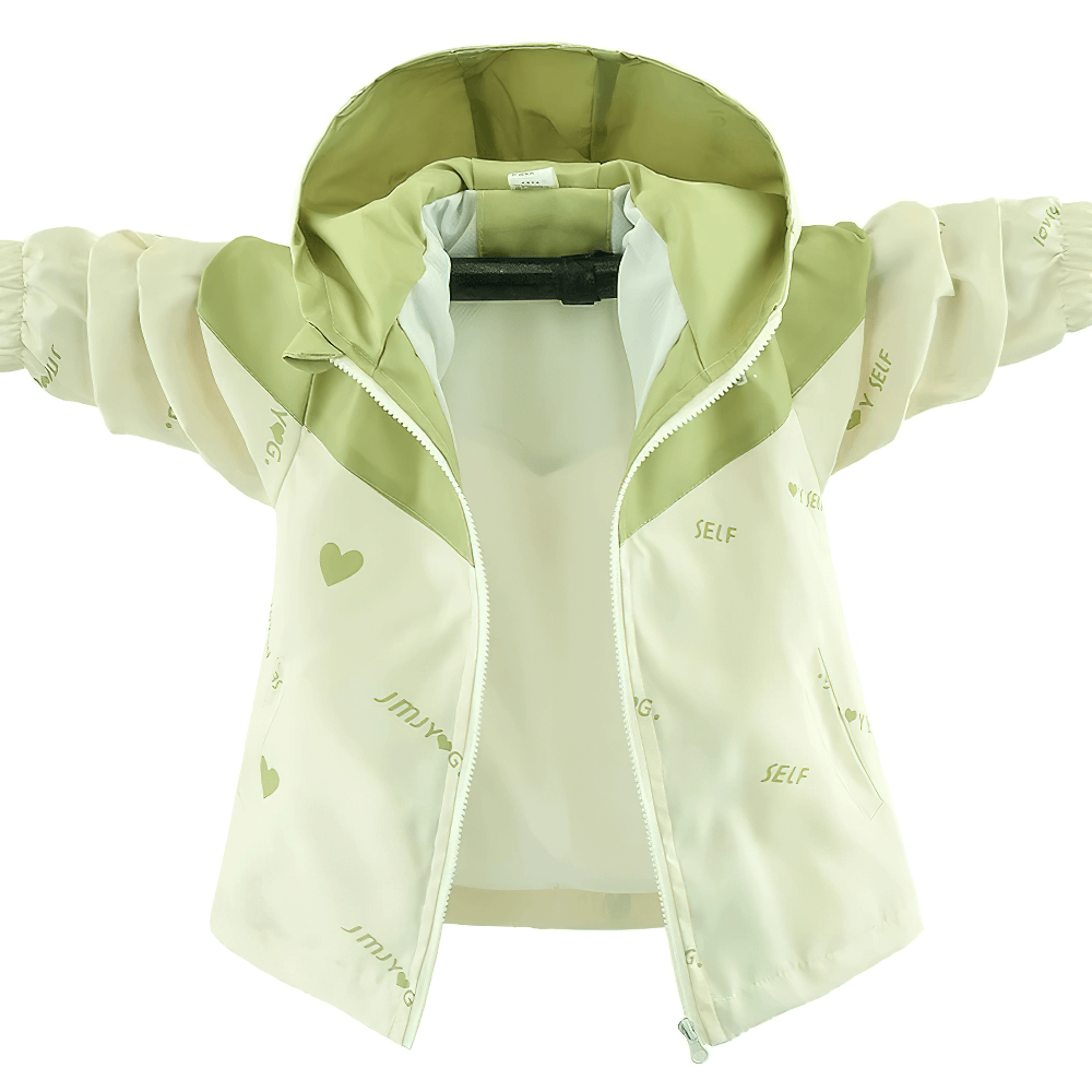 Kid's Heart Print Hooded Windbreaker Jacket - SF3680 featuring lightweight design, cute heart prints, and stylish dual-color panels