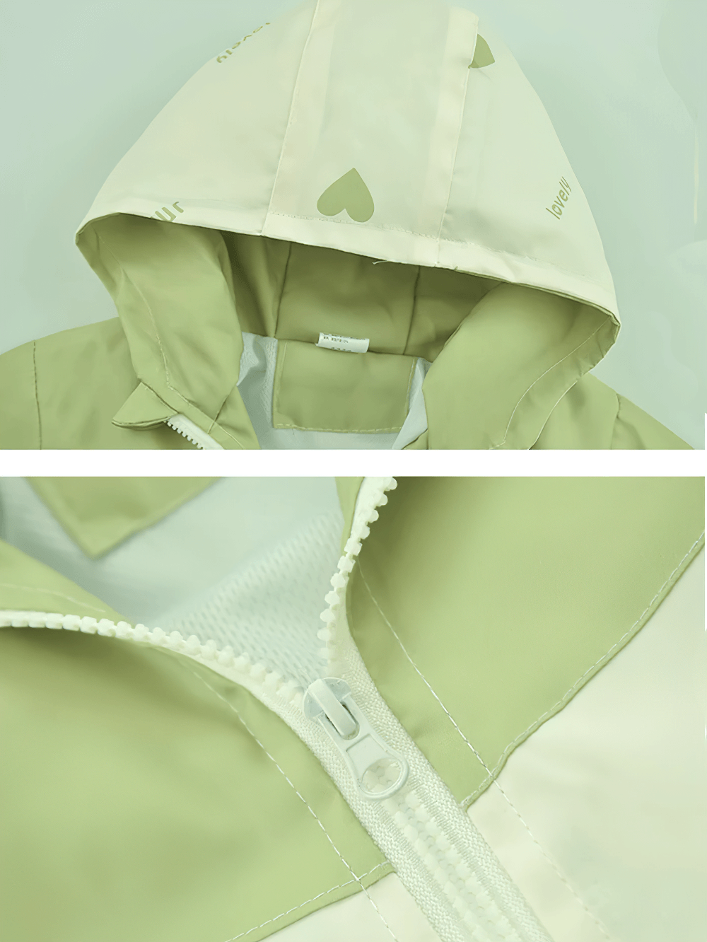 Kid's Heart Print Hooded Windbreaker Jacket - SF3680 close-up of hood and zip details