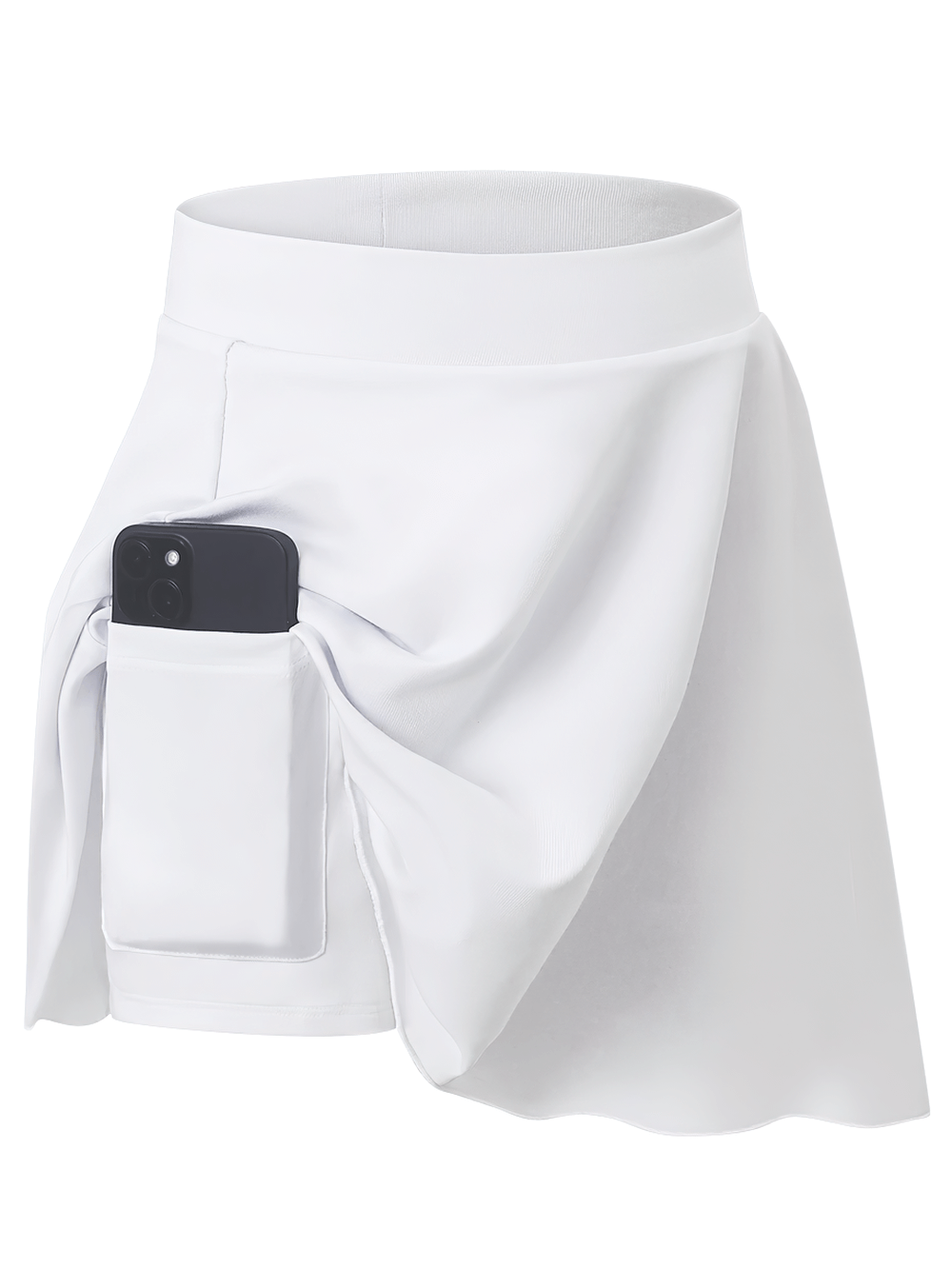 Kids High Waist Stretch Skort with Phone Pocket - SF3845 in white, featuring a side pocket holding a phone and flared wrap front design.