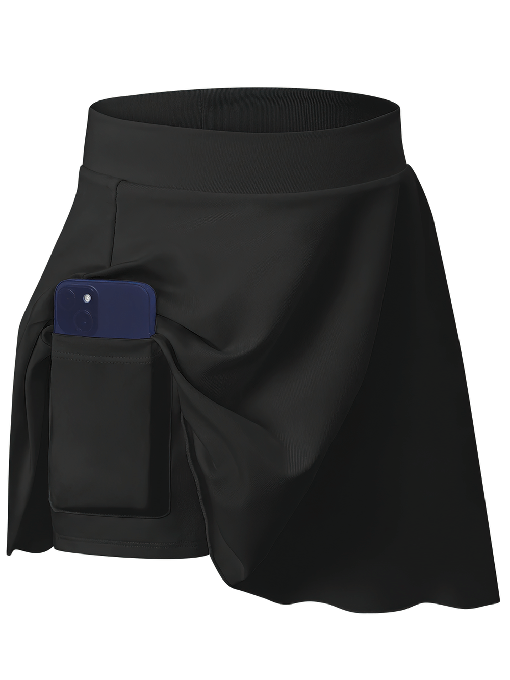 Kids High Waist Stretch Skort with Phone Pocket - SF3845, athletic mini skort with built-in shorts and side phone pocket in black.