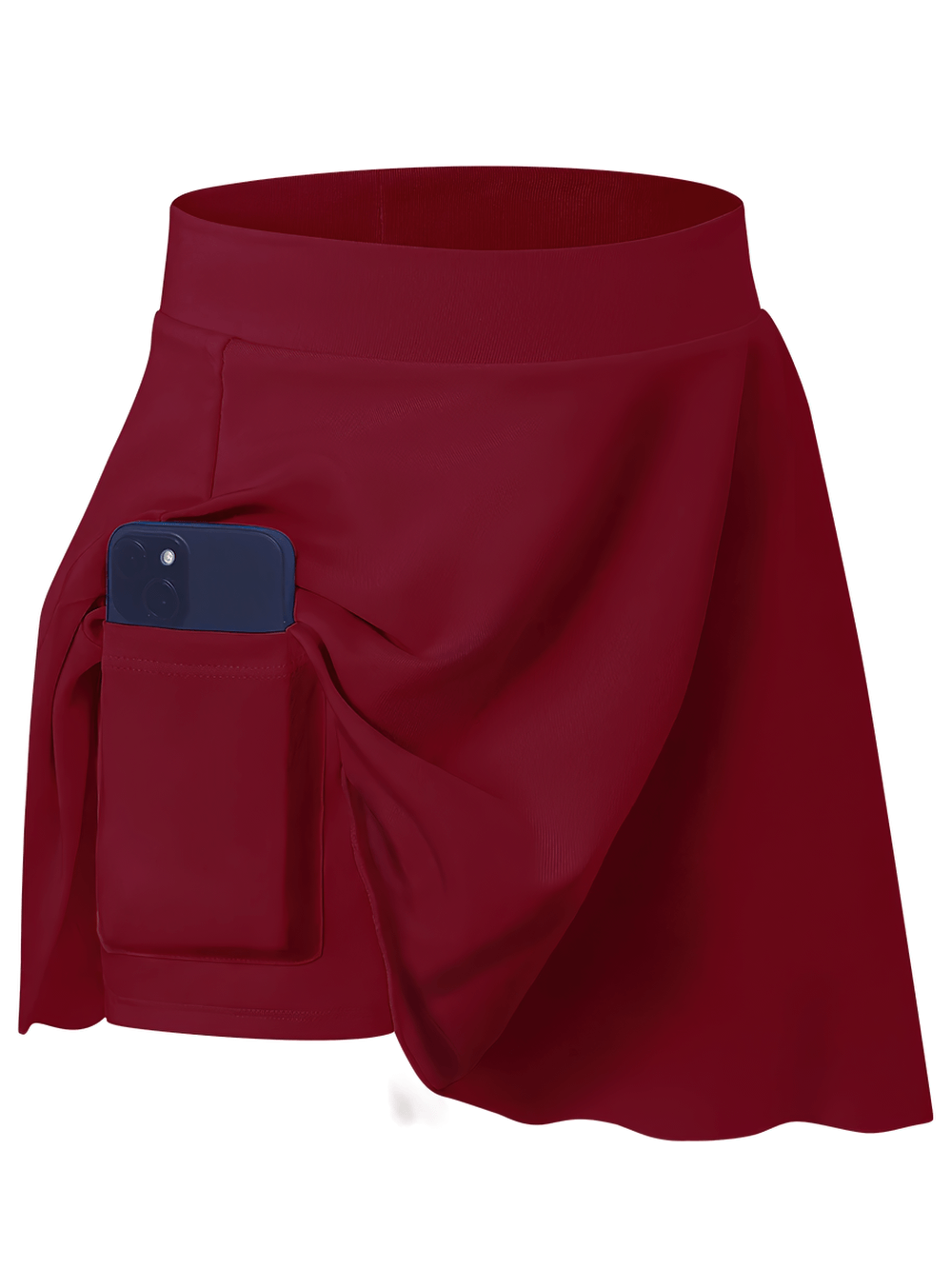 Red Kids High Waist Stretch Skort with Phone Pocket - SF3845 featuring athletic mini skort with built-in shorts and side phone pocket.