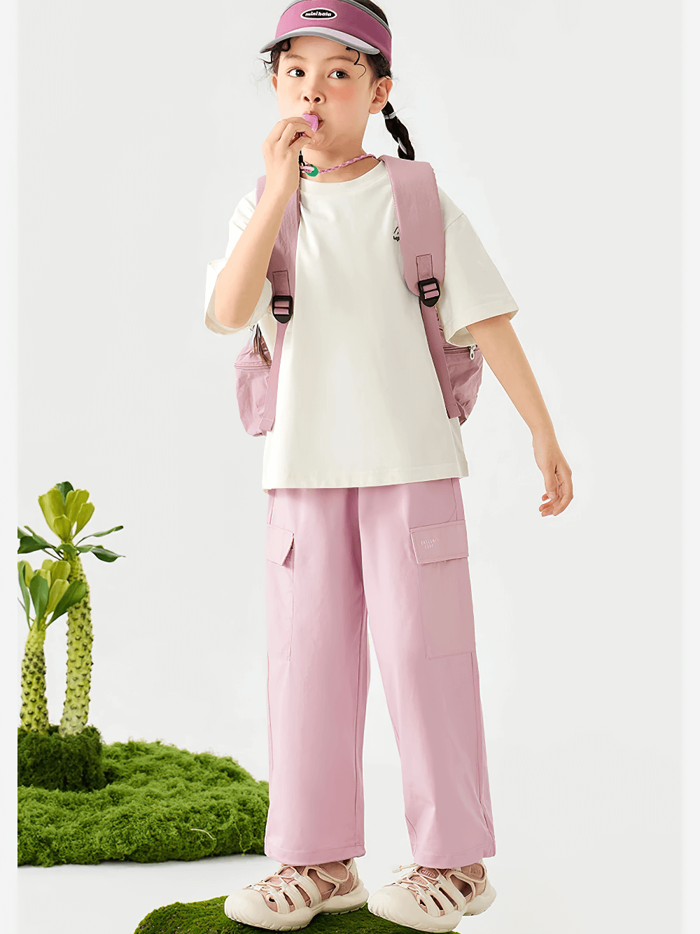 Child wearing Kids Hiking Pants with Elastic Waist and Pockets - SF3802, standing outdoors with a backpack and baseball cap.