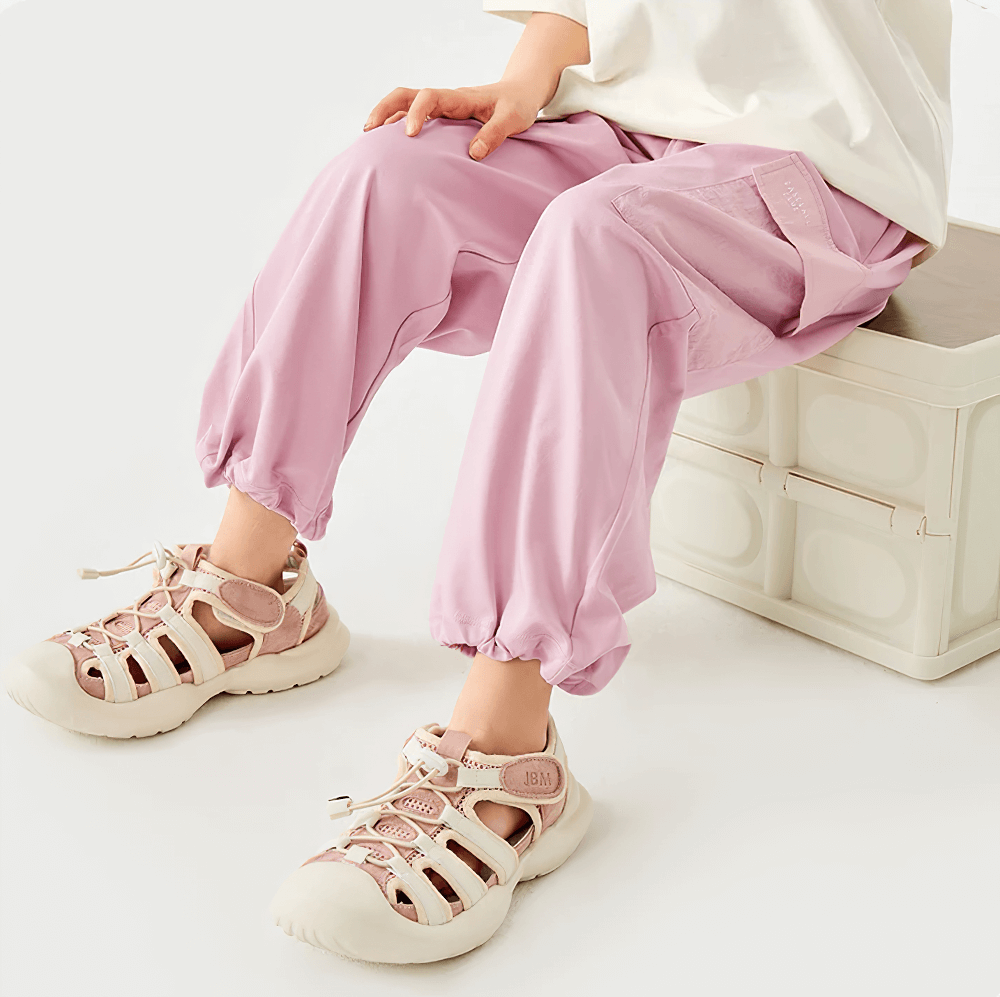 Kids Hiking Pants with Elastic Waist and Pockets - SF3802 in pink for outdoor wear, featuring quick-dry fabric and practical design.