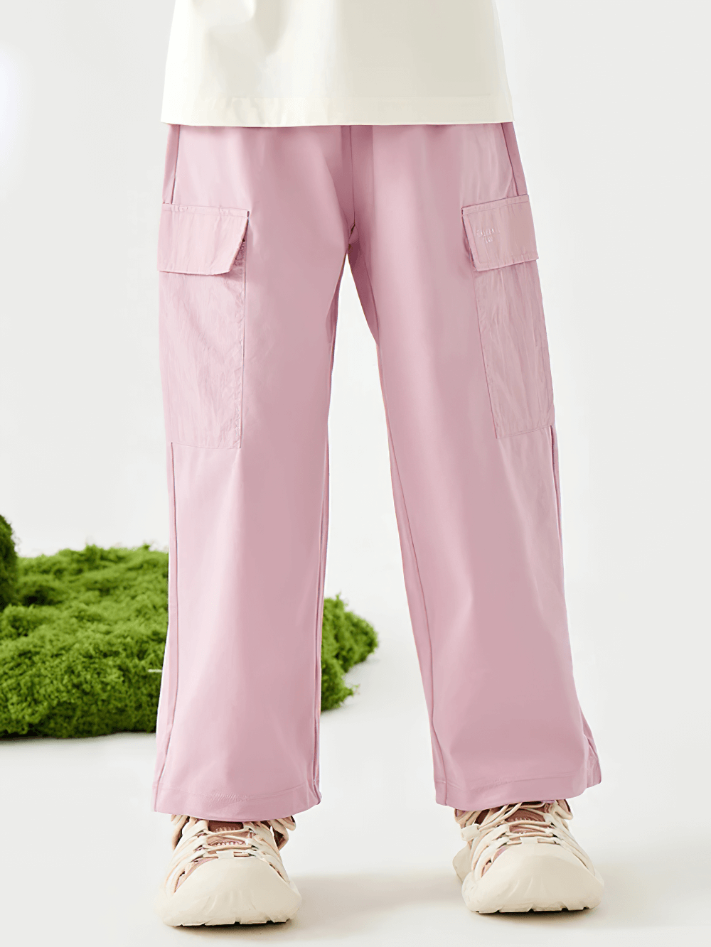 Kids Hiking Pants with Elastic Waist and Pockets - SF3802 in pink, showcasing quick-dry cotton blend with pockets for outdoor play.