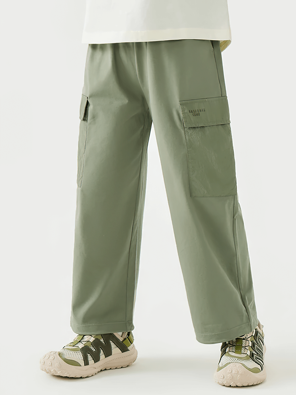 Kids Hiking Pants with Elastic Waist and Pockets - SF3802, olive green full-length with sporty and practical pocket design.