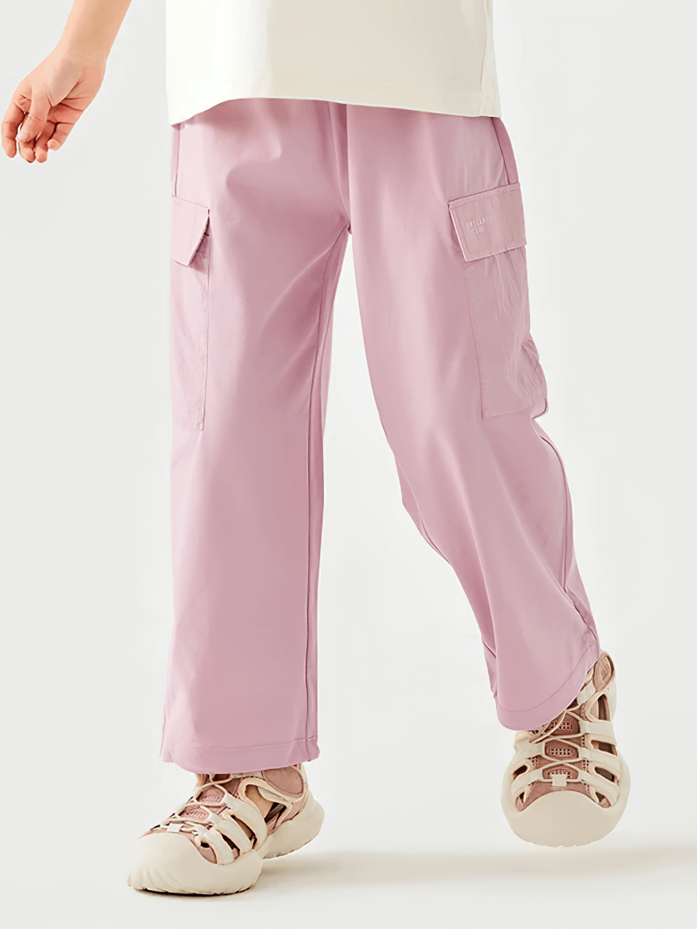 Kids Hiking Pants with Elastic Waist and Pockets - SF3802 in light pink, featuring a loose fit for easy movement and outdoor adventures.