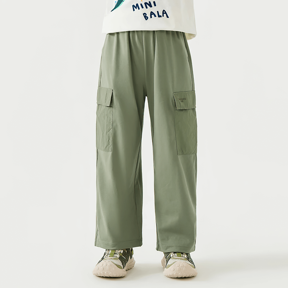 Kids Hiking Pants with Elastic Waist and Pockets - SF3802 in green, showcasing full-length, loose fit pants for active outdoor wear.