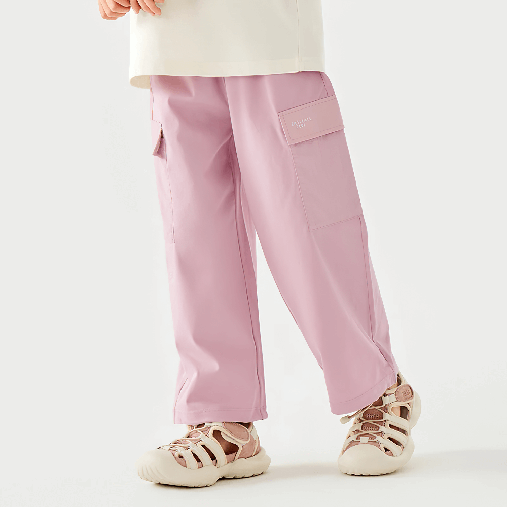 Kids Hiking Pants with Elastic Waist and Pockets - SF3802 in pink, showcasing loose fit and durable design for outdoor play.