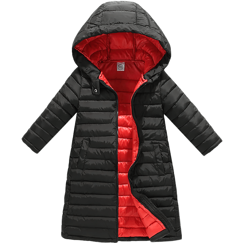 Kids Hooded Cotton-Padded Long Warm Coat - SF3698 in black with red lining, ideal for boys and girls' outdoor play and school during colder seasons.