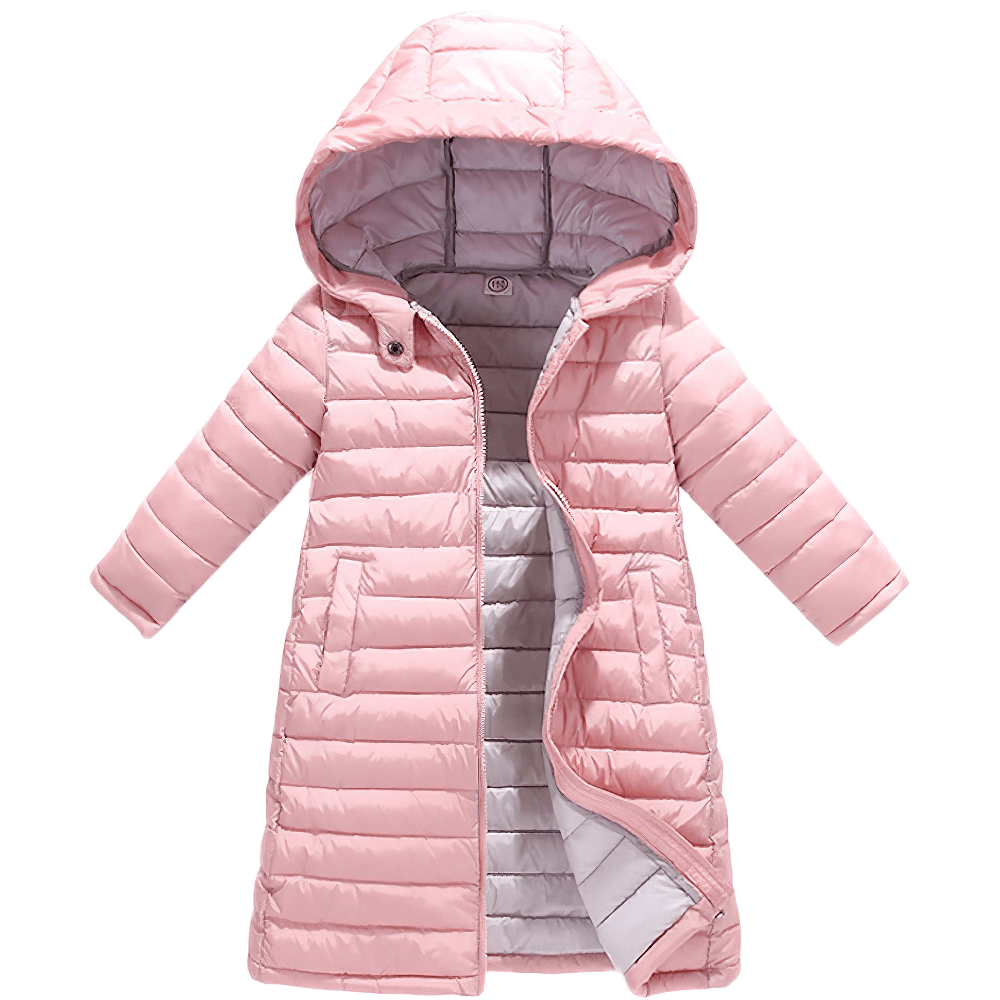 Kids Hooded Cotton-Padded Long Warm Coat - SF3698 in pink, perfect for boys and girls with soft padding and hood for cold weather.