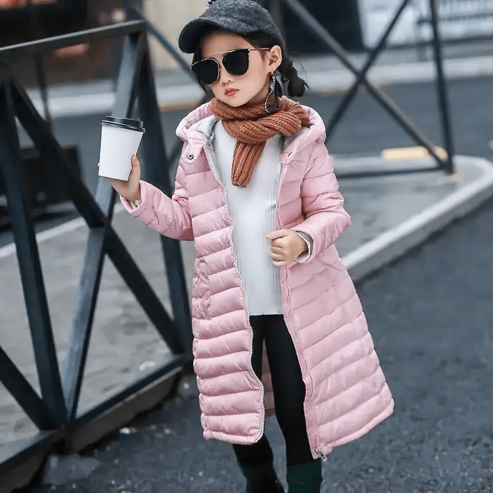 Stylish child wearing Kids Hooded Cotton-Padded Long Warm Coat - SF3698 in pink, perfect for winter outdoor play and daily wear.