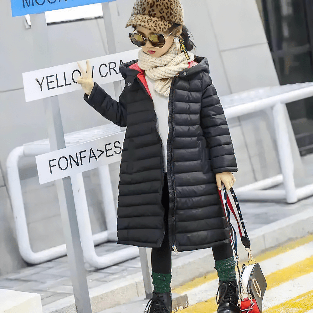 Stylish kid in a black Kids Hooded Cotton-Padded Long Warm Coat - SF3698, ready for winter adventures!