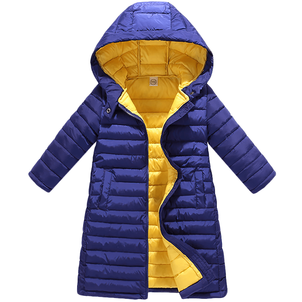 Bright blue Kids Hooded Cotton-Padded Long Warm Coat - SF3698 with yellow lining, perfect for winter warmth and outdoor play.