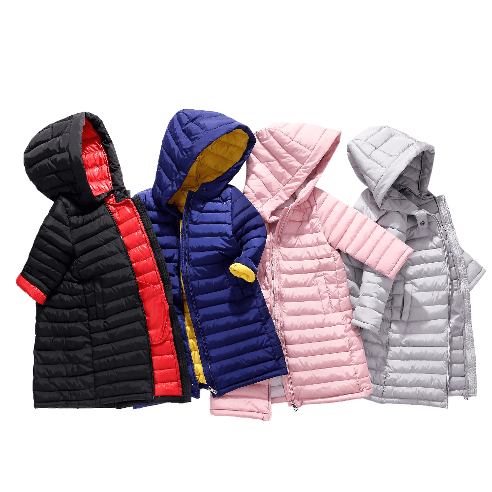 Colorful selection of Kids Hooded Cotton-Padded Long Warm Coat - SF3698 showcasing black, blue, pink, and gray options for children.