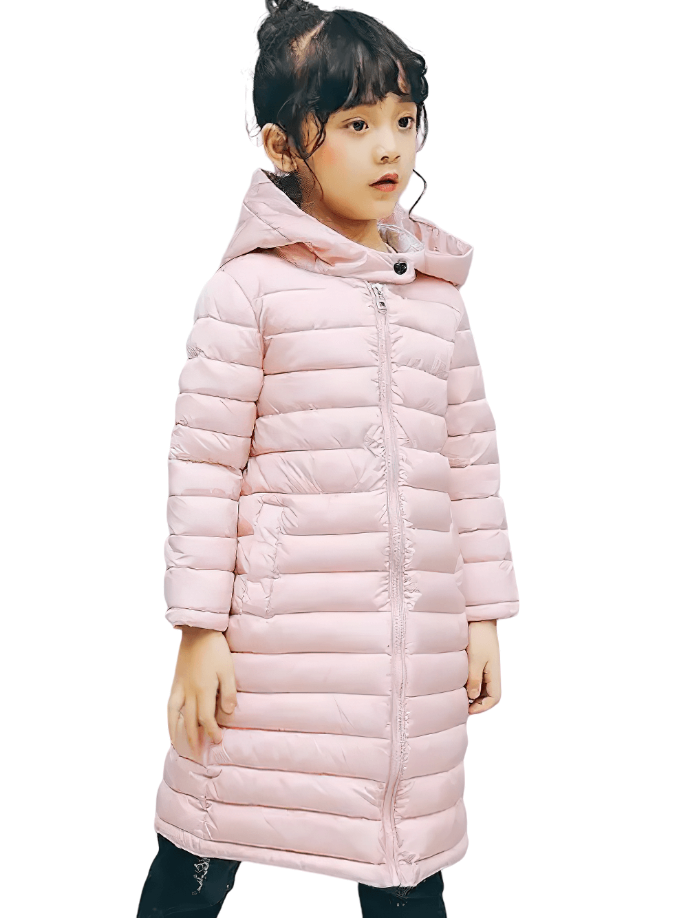 Child wearing a pink Kids Hooded Cotton-Padded Long Warm Coat - SF3698 with hood and soft padding for warmth.